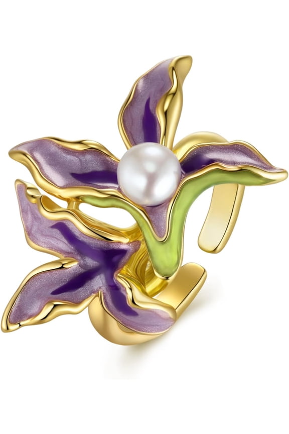 Gold Purple Enamel Floral Pearl Adjustable Statement Open Ring for Women, Violet Orchid Flower Leaf Summer Beach Handmade Unique Band, Chunky Stackable Cute Cuff Cocktail Ring Birthday Gift