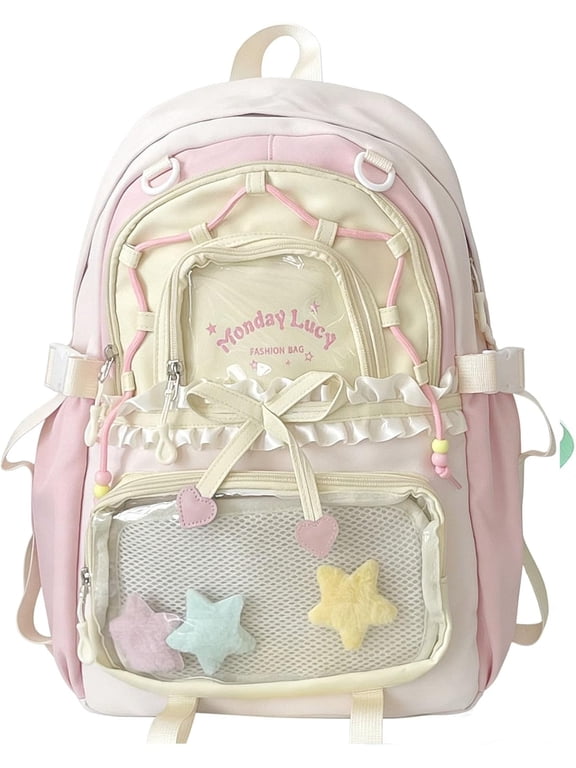 PRIYAL Kawaii ita Backpack - Cute Backpack Coquette Aesthetic Back Pack Y2K Daypack with Clear Pockets with Clear Pockets