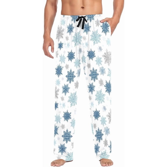 PRIYAL Mens Pajama Pants Christmas Blue Silver Snowflakes Pajama Bottoms Lightweight Pants Basics Sleep Pajama Lounge Pant