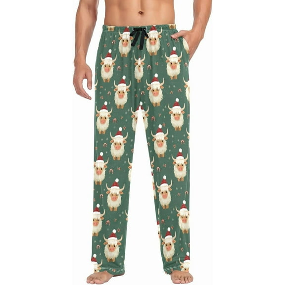PRIYAL Mens Pajama Pants Christmas Highland Cow Candy Pajama Bottoms Lightweight Basics Sleep Pajama Lounge Pant