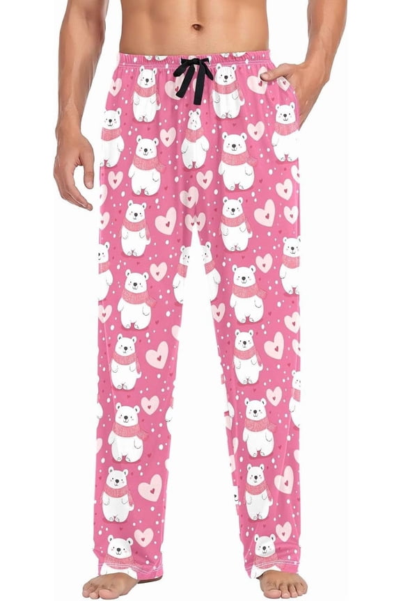 Mens Pajama Pants Heart Cartoon Bear Pajama Bottoms Lightweight Basics Sleep Pj Lounge Pant