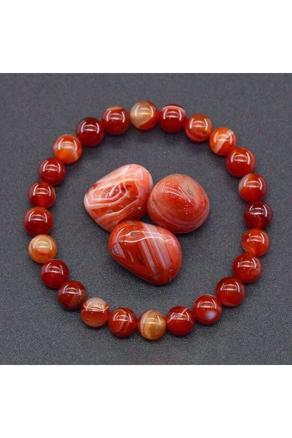 Natural Banded Red Sardonyx Beaded Stretch Bracelet with Matching Tumbled Stone Set, Polished Striped Red Agate Wrist Jewelry Styling Compatibility for Daily Casual Wear & Gifting