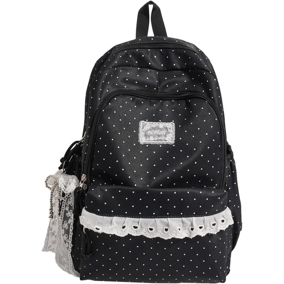 PRIYAL Polka Dot Backpack Cute Coquette Backpack with Lace Trim Kawaii Back Pack Everyday Daypack for Weekend