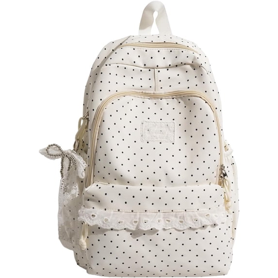 PRIYAL Polka Dot Backpack Cute Coquette Backpack with Lace Trim Kawaii Back Pack Everyday Daypack for Weekend
