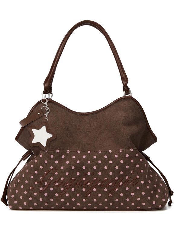 Polka Dot Tote Bag Y2k Hobo Shoulder Bags for Women Drawstring Design Tote Handbag for Travel Work(Brown)