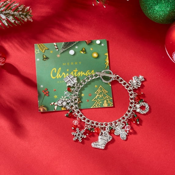 PRIYAL Retro Christmas Bracelet with Santa Claus & Snowflake Charm - Candy Cane Beads, Year-Round Wearable Holiday Gift for Daily Use or Xmas Party