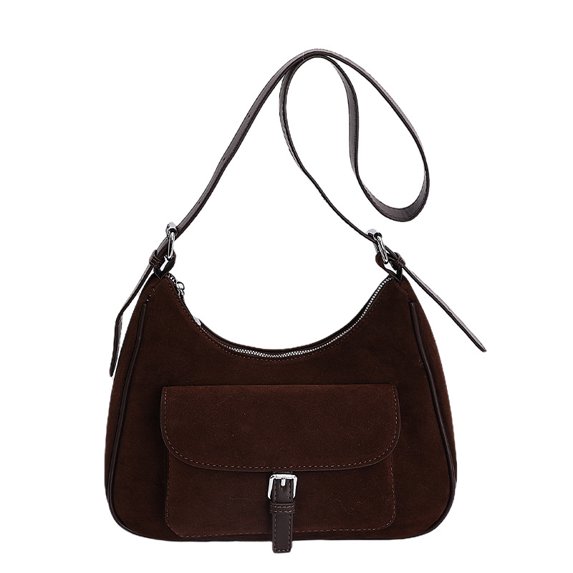 KKLDOGS Retro Faux Suede Hobo Bag, Front Flap Buckle Design Shoulder Purse, Adjustable Strap Zipper Closure Crossbody Handbag for Daily Casual Wear