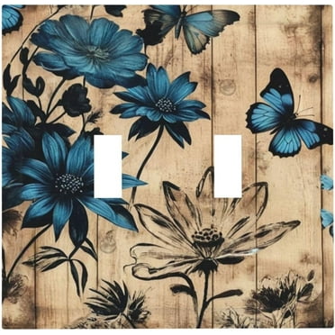 PRIYAL Rustic Blue Flowers Butterfly Watercolor Floral 2 Gang Double Toggle Light Switch Cover Plate Wall Plates Electrical Receptacle for Bathroom Bedroom Decor