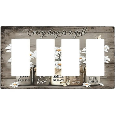 PRIYAL Rustic Daisy Butterfly Wood Print Light Switch Cover Triple Toggle Vintage Farmhouse Floral 3 Gang Wall Plate Retro Country Decorative Electrical Facplate for Bathroom Kitchen Home 6.7" X 4.8"