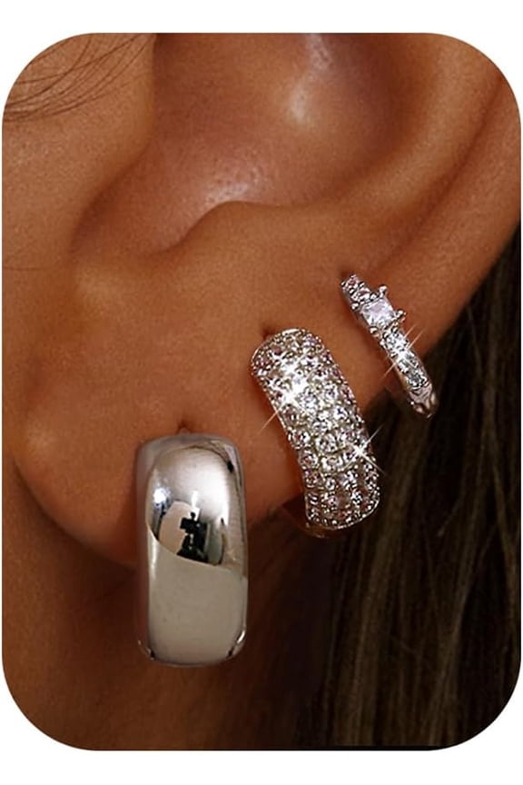 Small Chunky Gold Hoop Earrings for Women Hypoallergenic Gold Silver Hoops for Sensitive Ears Non Tarnish 14K Gold Filled Huggie Hoop Earring Stacks for Multiple Piercing Lightweight 3Pairs