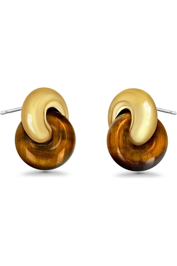 Small Twist Chunky Gold Tiger Eye Gemstone Statement Earrings for Women, Dainty Love Knot Amber Brown Bold Handmade Exaggerated Dome Retro Rounded Button Half Ball Trendy Bohemian Jewelry