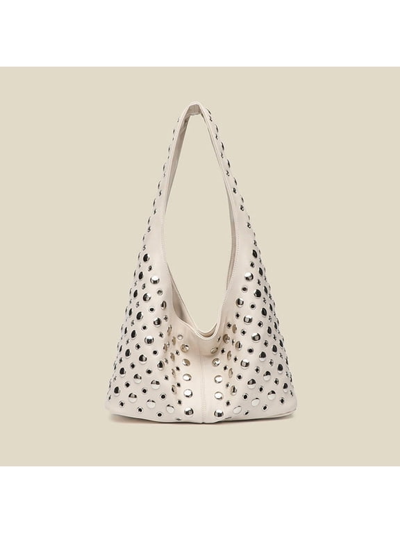Studded Hobo Bags for Women Soft PU Leather Studded Slouchy Shoulder Handbag Tote Purse