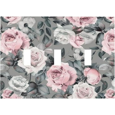 PRIYAL Tea Rose Sliver Gray Floral Pink Flower 3 Gang Triple Toggle Wall Plate Cover Covers Decorative Switchplate Electrical Faceplate for Bathroom Bedroom Decor