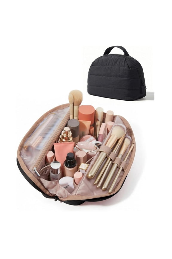 Travel Makeup Bag for Women, Portable Fold-down Cosmetic Case, Puffy Padded Make Up Organizer Pouch, Water-resistant Toiletry Bag for Toiletries, Brushes