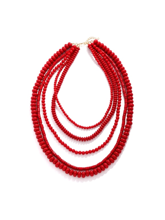 Vibrant Red Multi-Strand Layered Beaded Statement Necklace, Graduated Round & Cylindrical Red Beads with Gold Extender Chain Boho Tribal Neck Jewelry for Women