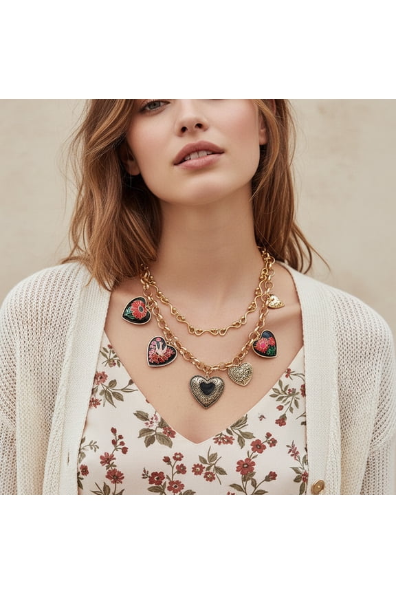 PRIYAL Vintage 14k Gold Plated Double Layer Heart Charm Necklace, Enamel Floral Bird Patterned Heart Pendants Chunky Wavy Chain Statement Choker for Women