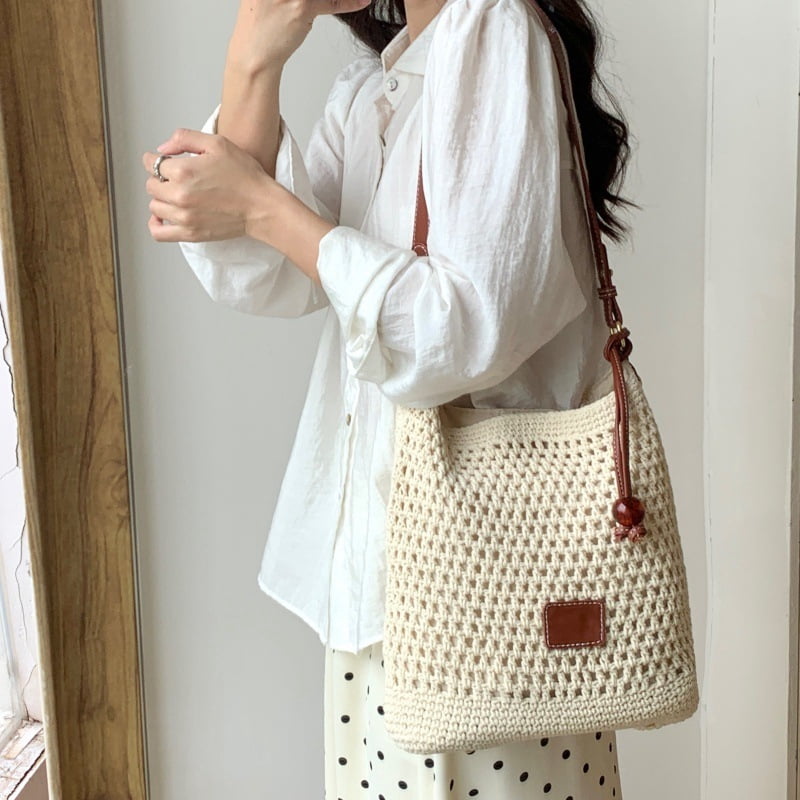 PRIYAL Women Small Cotton Crochet String Bag Handwoven Summer Beach Bag Knitted Vacation Shoulder Bag Purse Handbag