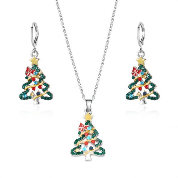 PRIYAL Women's Elegant Rhinestone & Green Christmas Tree Necklace and Earrings Set - Red Stone Accent Jewelry, Year-Round Wear, Holiday Party Outfit, Dainty Matching Jewelry Gift for Xmas