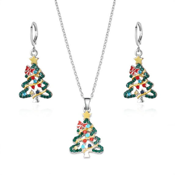 PRIYAL Women's Elegant Rhinestone & Green Christmas Tree Necklace and Earrings Set - Red Stone Accent Jewelry, Year-Round Wear, Holiday Party Outfit, Dainty Matching Jewelry Gift for Xmas