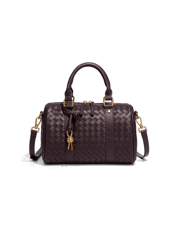 PRIYAL Woven Top Handle Bag Boston Barrel Purses for Women Leather Satchel Handbag Woven Crossbody Bag