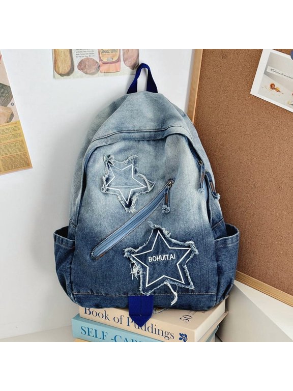 Y2K Star Backpack,Grunge Goth Denim Bookbag,Punk Emo Backpack for Men and Women, Unique Gothic Fashion Backpack for Daily Use