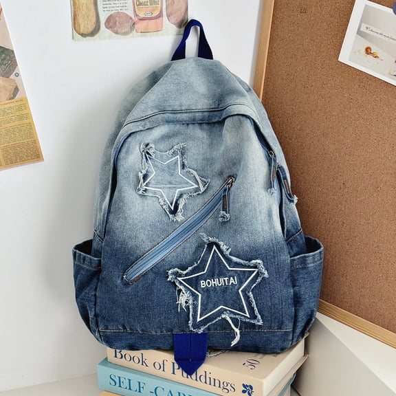 PRIYAL Y2K Star Backpack,Grunge Goth Denim Bookbag,Punk Emo Backpack for Men and Women, Unique Gothic Fashion Backpack for Daily Use