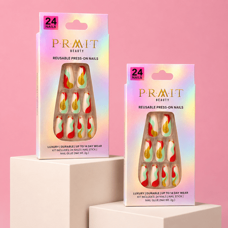 PRMIT Beauty - PreDesigned Press On Nails, LEGIT, Coffin Long, Glue, File, Pusher, & 24 Nails