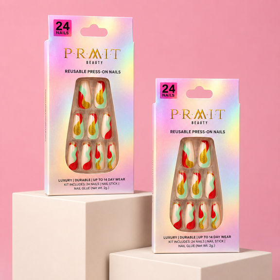 PRMIT Beauty - PreDesigned Press On Nails, LEGIT, Coffin Long, Glue, File, Pusher, & 24 Nails