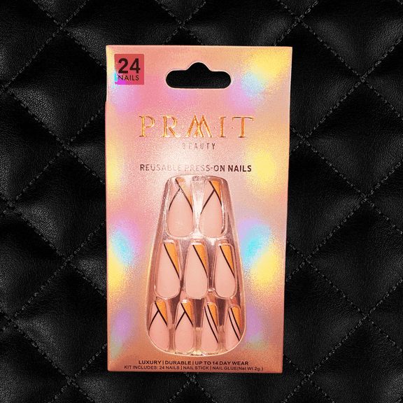 PRMIT Beauty - PreDesigned Press On Nails, PAPAYA SLICE, Coffin Long, Glue, File, Pusher, & 24 Nails
