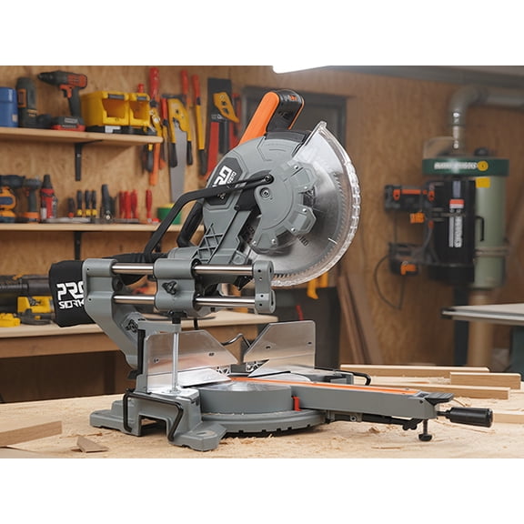PRO 12-Inch Double Slope Sliding Composite Oblique Saw, 5000RPM, 15A Power Miter Saw, with Expansion Table and LED Shadow Line