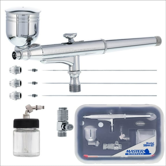 Master Airbrush SB844 Pro Set Dual-Action Side Bowl Feed Airbrush with 3 Nozzle Sets (0.2, 0.3 & 0.5mm Needles, Fluid Tips and Air Caps), Gravity Cup, Siphon Suction Feed Bottle Kit - Auto, Art