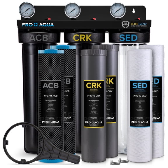 PRO+AQUA ELITE SERIES GEN2 PRO-100-E 3-Stage Whole House Water Filtration System for City and Well Water with Pressure Gauges, Removes 99% of Chlorine, VOCs, Odors & Contaminants, 1 Ports