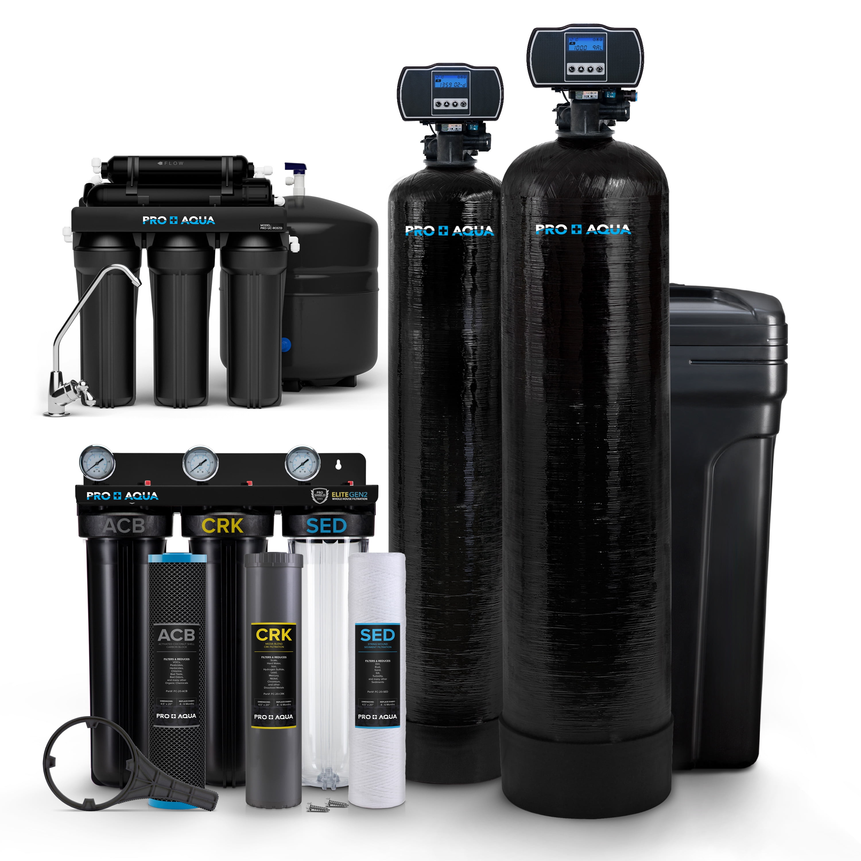 PRO+AQUA ELITE Whole House Well Water Filter System and Water Softener  Bundle - Remove Iron, Sulfur, Sediment, and more 