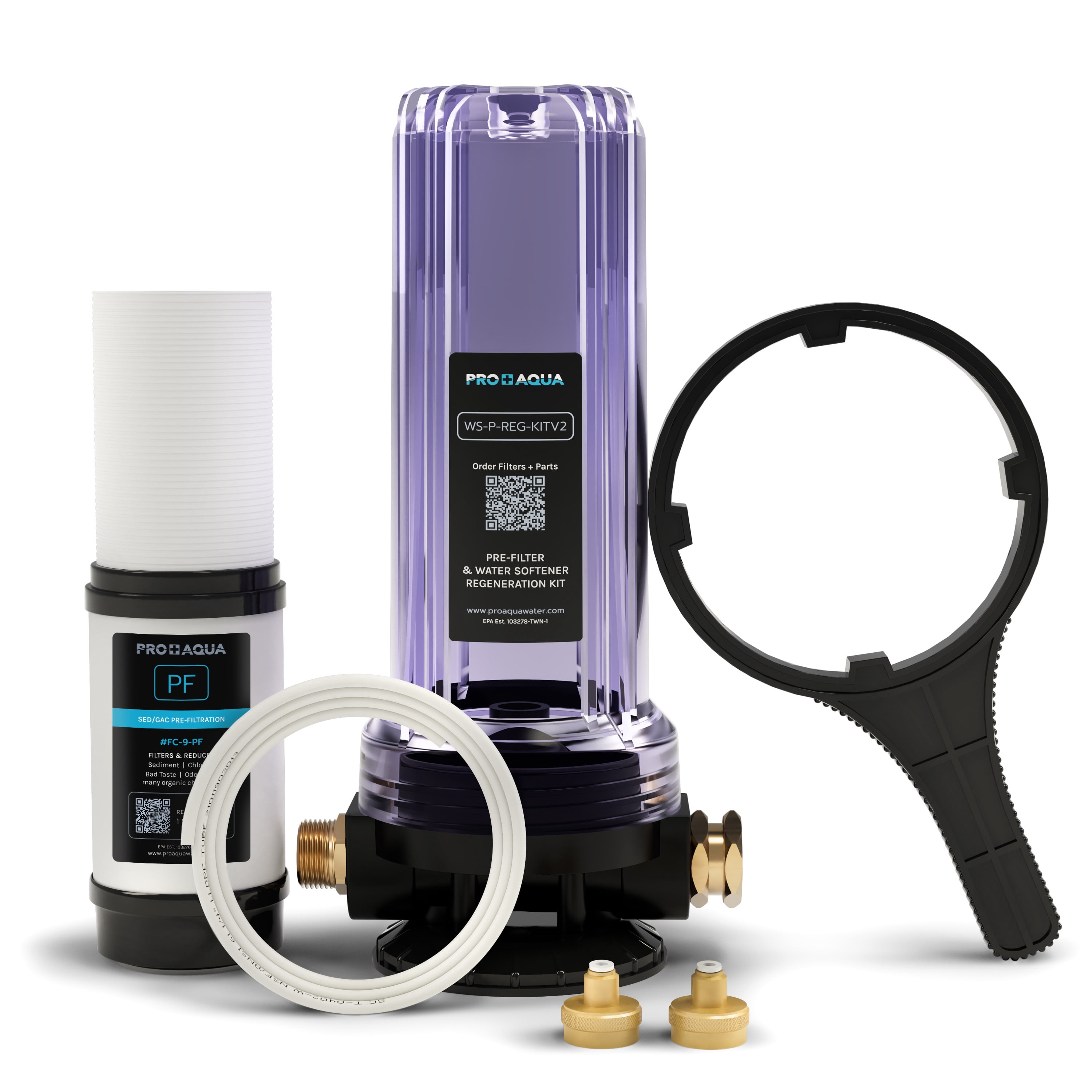 PRO+AQUA RV Water Filter AND Portable Water Softener Regeneration Kit - 5 Micron Filtration, Anti-Corrosion Brass Fittings, Transparent Housing, Filters chlorine, bad taste, odors, sediment, bacteria