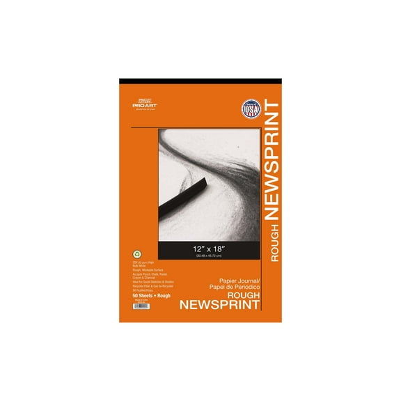 PRO ART Newsprint Paper Pad, 12-inch x 18-inch, 32lb, 50 sheets, Natural Color Newspaper Sketch & Drawing Paper, High Bulk Rough Finish