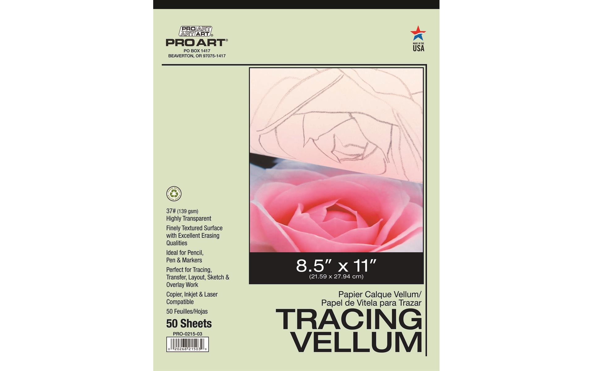 PRO ART Tracing Vellum Paper Pad, 37lb, 8.5" x 11", 50 sheets