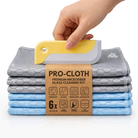 PRO-CLOTH Car Glass Cleaner Kit 6 Honeycomb Microfiber Towels (12x16 in) & Mini Windshield Squeegee, Streak-Free Car Window Cleaner for Auto Glass, Mirrors & Dashboard Auto Detailing Tool