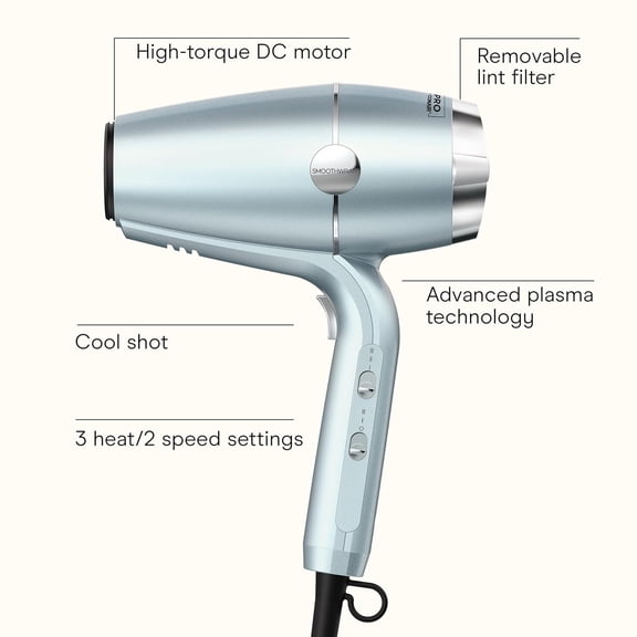 PRO CONAIR SmoothWrap Hair Dryer, Blow Dryer with Diffuser and Concentrator Attachments,  Plasma and Ceramic Technology for Less Frizz, More Volume and Body, Mint
