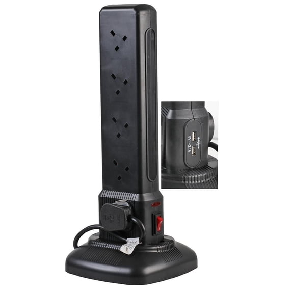 PRO ELEC - 10 Way Switched Tower Extension Lead with USB, 2m Black