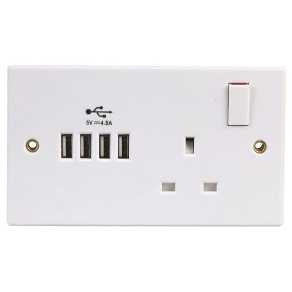 PRO ELEC - 13A 1-Gang Switched Socket with 4x 2.4A USB Sockets