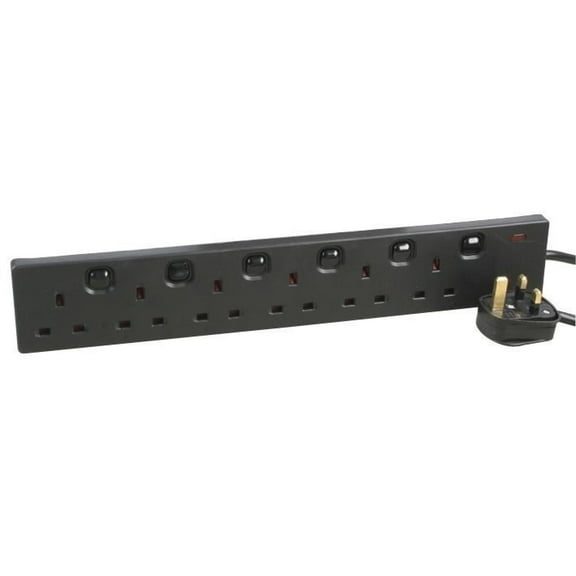 PRO ELEC - 6 Way Extension Lead with Individual Switches, 2m Black