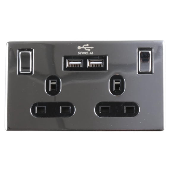 PRO ELEC Screwless Switched Socket with 2x USB Ports, 2 Gang, Polished Chrome