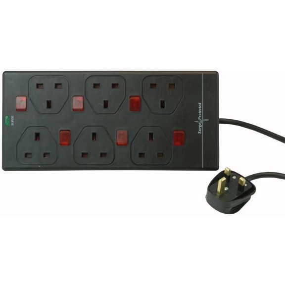 PRO ELEC Switched Surge Protected Extension Lead Black 6-Gang 2m Lead