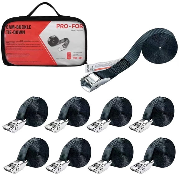 PROFOR Cam Buckle Tie Down Straps, 1 in x 12 ft 8 Pack 600 Lbs Heavy Duty Adjustable Cargo Lashing Straps with Storage Bag for Truck Kayak Moving Outdoor Cargo Securing