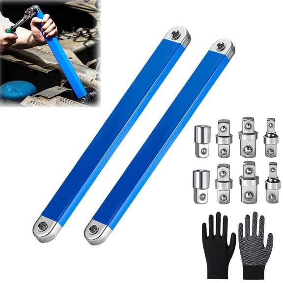 PRO Offset Extension Wrench, 15.4 In Impact Ready Socket Wrench Extender Tool with 1/2", 1/4" and 3/8" Square Drive Adapters, Zero Degree Ratchet Tool for Car and Tight Spaces(2Set)
