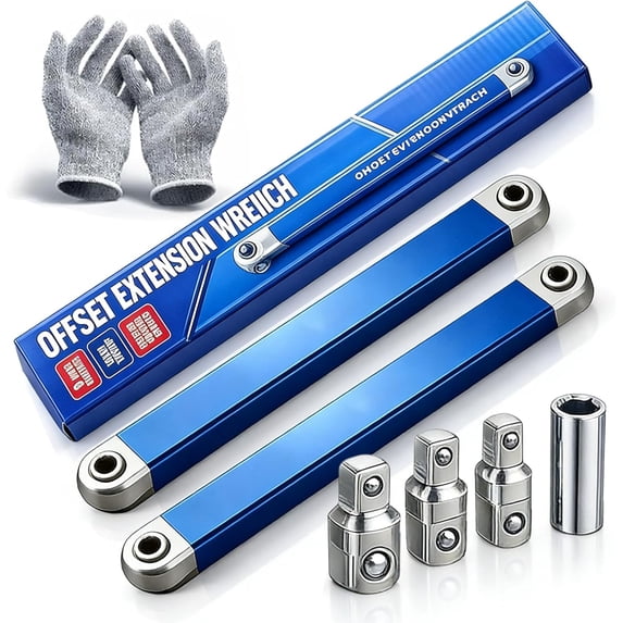 PRO Offset Extension Wrench, 15" Pro Zero Offset Extension Wrench Impact Set with 1/2", 1/4" & 3/8" Square Drive Adapters, Handy Wrench Extender Tool for Car & Hard-to-Reach Spaces (2Set)