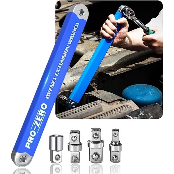 PRO Offset Extension Wrench, Pro Zero Offset Extension Wrench Impact with 1/2", 1/4" and 3/8" Square Drive Adapters, Zero Degree Ratchet Tool for Car