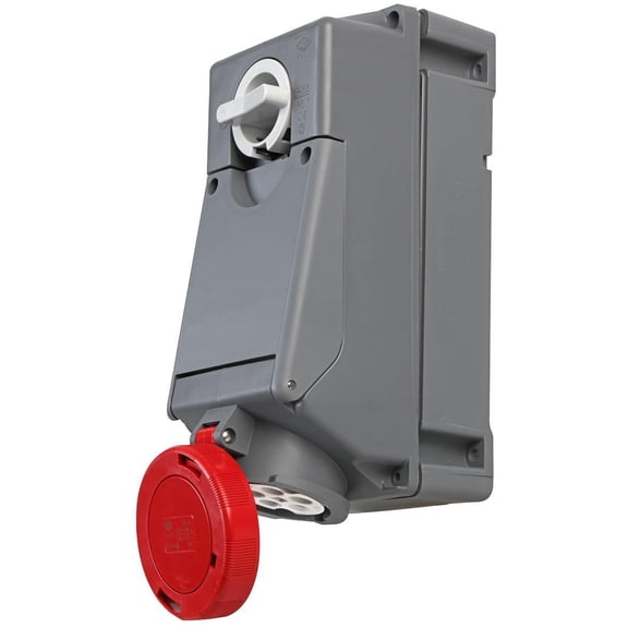 PRO POWER - 16A, 415V, Heavy Duty Switched Interlocked CEE Socket, 3P+N+E, Red