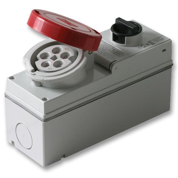 PRO POWER - 32A, 415V, Switched Interlocked Vertical CEE Socket, 3P+N+E, Red