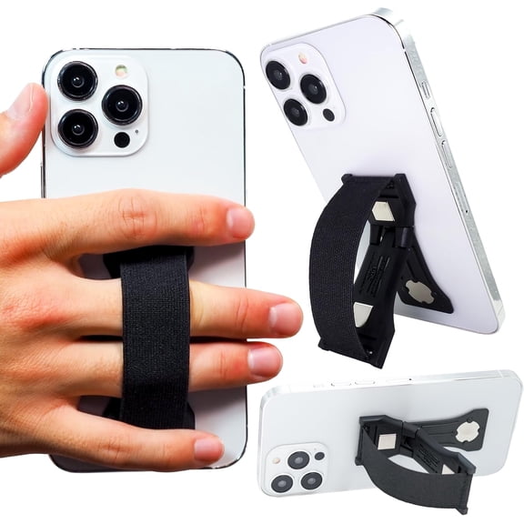 PRO Premium Phone Grip - Elastic Phone Strap - Magnetic Phone Mount and Kickstand for Smartphone and Tablet - Black
